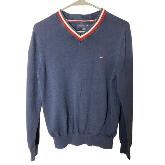 Tommy Hilfiger XS Navy V-Neck Sweater Premium Cotton Pullover Classic - Picture 1 of 6